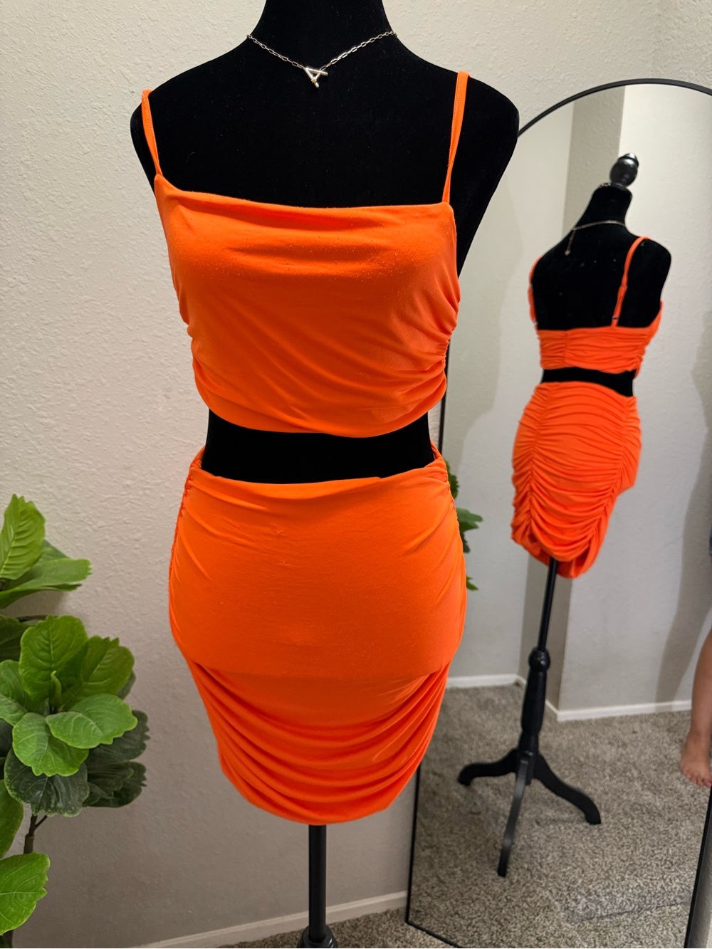 Source Unknown Bright Orange Ruched Crop Top & Mini Skirt Set